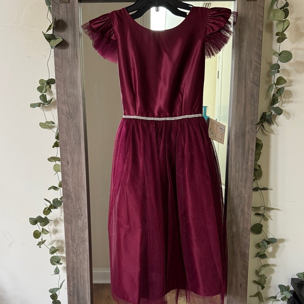 NWT Burgundy Flutter Sleeve Satin and Tulle Dress Sz 14